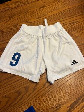 adidas White Soccer Shorts with Blue Number 9/9